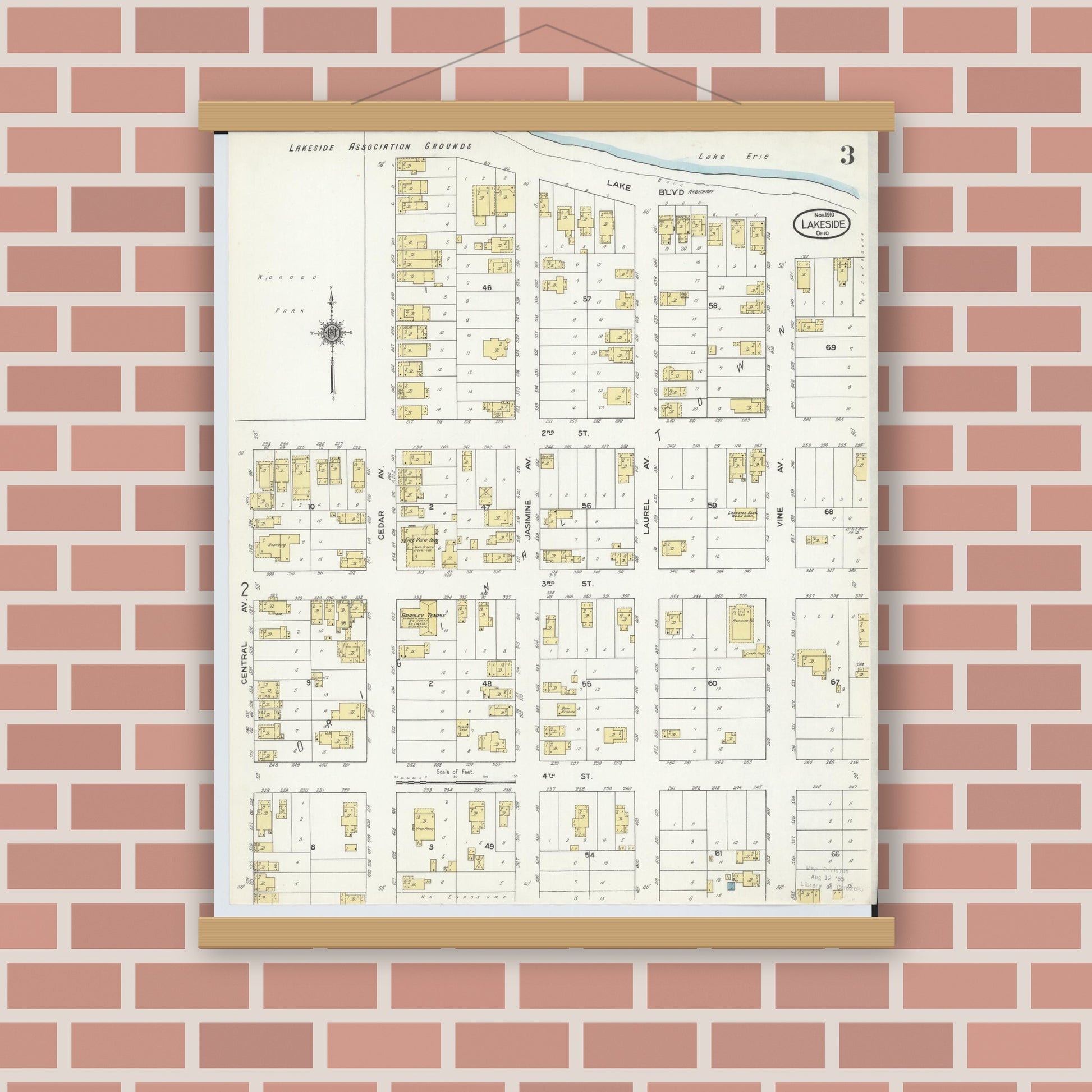 Old map wall art mockup — magnetic wood frame on brick wall — Sanborn Fire Insurance Map from Lakeside, Ottawa County, Ohio (1910), Sheet #0003