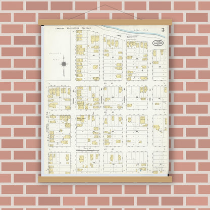 Old map wall art mockup — magnetic wood frame on brick wall — Sanborn Fire Insurance Map from Lakeside, Ottawa County, Ohio (1910), Sheet #0003