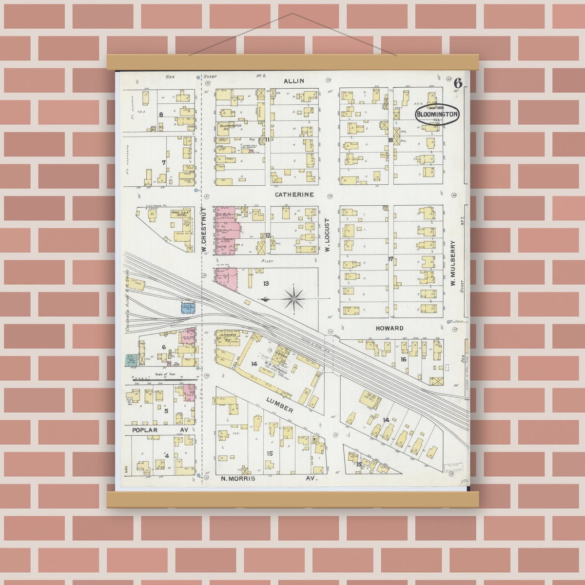 Old map wall art mockup — magnetic wood frame on brick wall — Sanborn Fire Insurance Map from Bloomington, McLean County, Illinois (1892), Sheet #0006