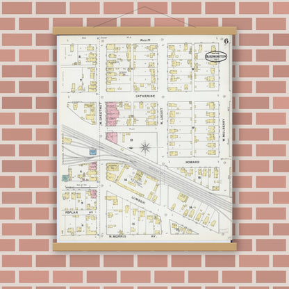 Old map wall art mockup — magnetic wood frame on brick wall — Sanborn Fire Insurance Map from Bloomington, McLean County, Illinois (1892), Sheet #0006