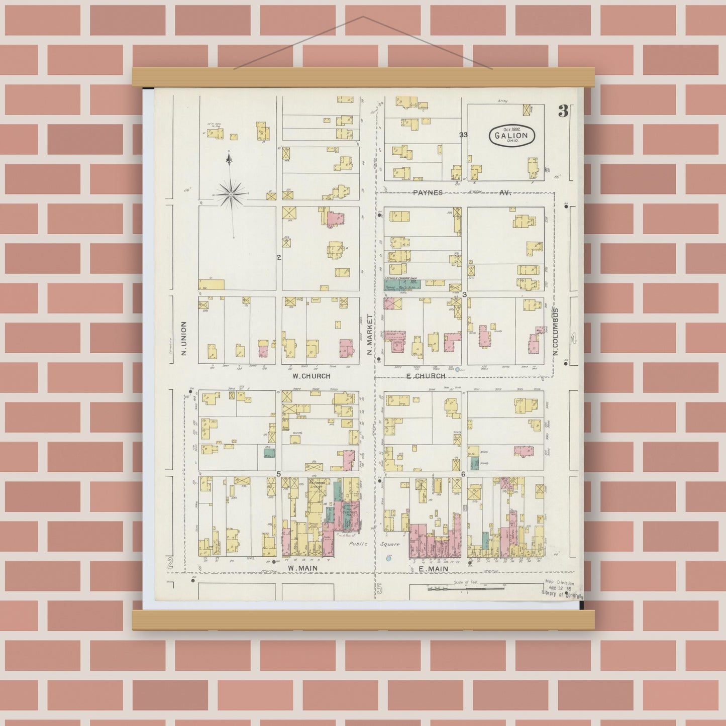 Old map wall art mockup — magnetic wood frame on brick wall — Sanborn Fire Insurance Map from Galion, Crawford County, Ohio (1892), Sheet #0003