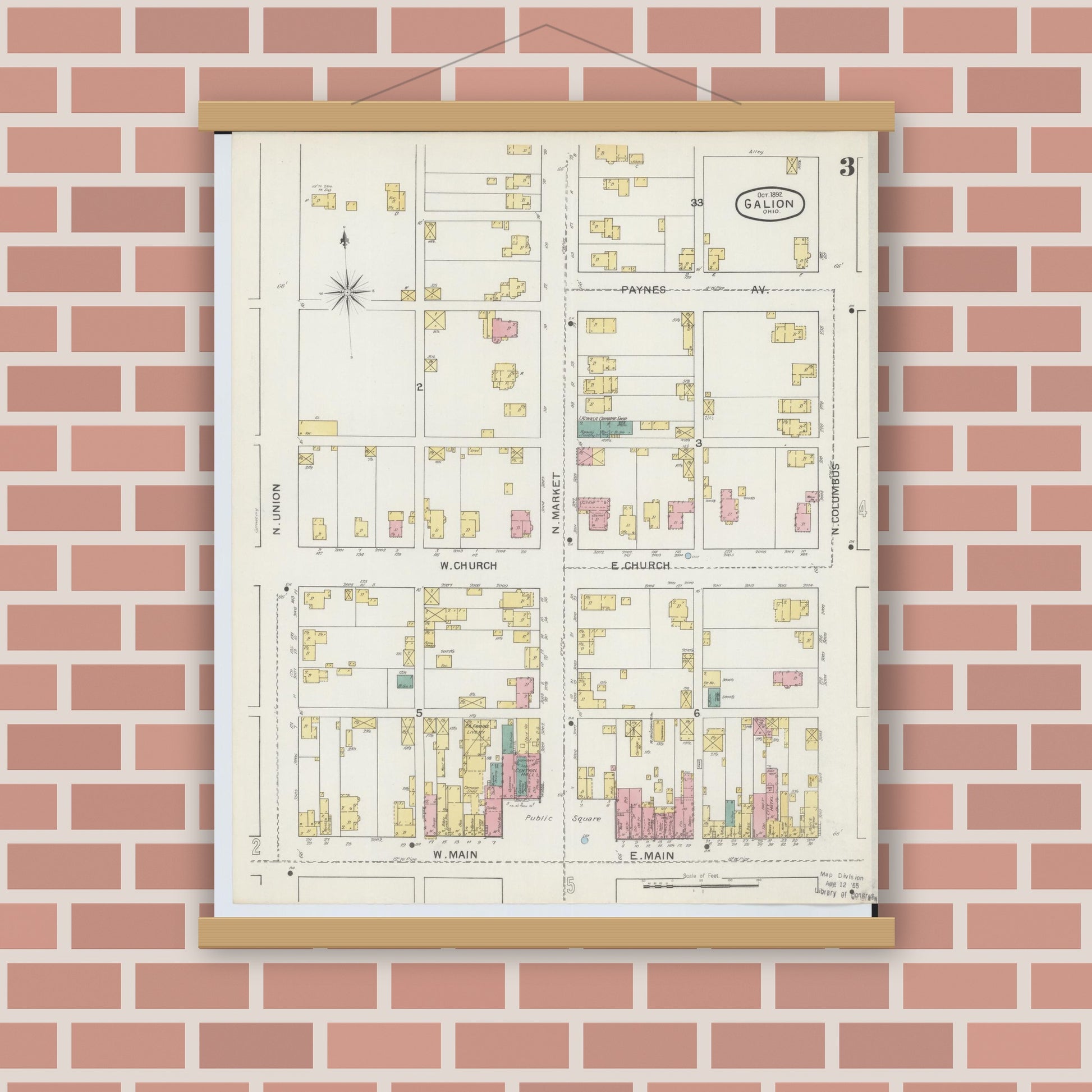 Old map wall art mockup — magnetic wood frame on brick wall — Sanborn Fire Insurance Map from Galion, Crawford County, Ohio (1892), Sheet #0003
