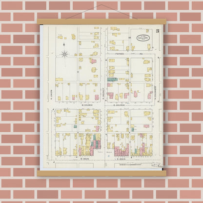 Old map wall art mockup — magnetic wood frame on brick wall — Sanborn Fire Insurance Map from Galion, Crawford County, Ohio (1892), Sheet #0003