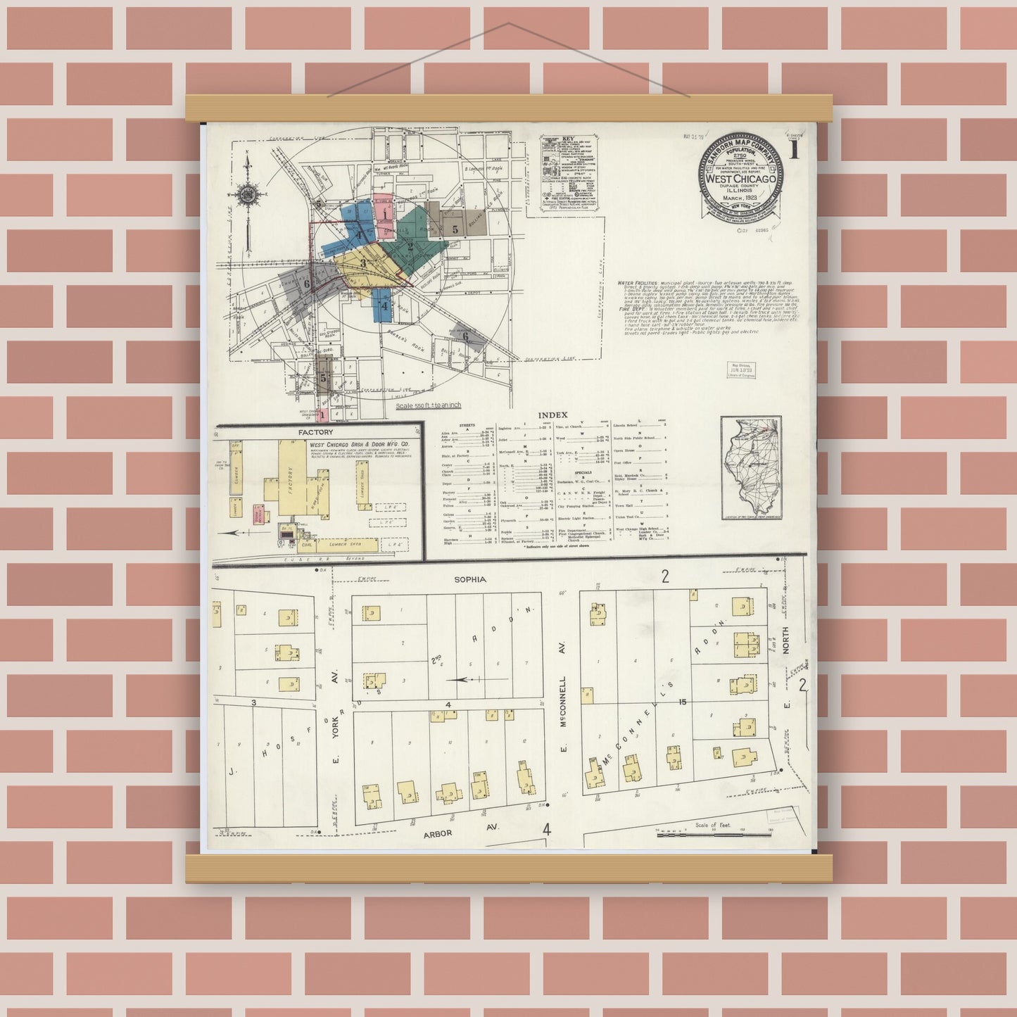 Old map wall art mockup — magnetic wood frame on brick wall — Sanborn Fire Insurance Map from West Chicago, Du Page County, Illinois (1923) - Complete Map Set