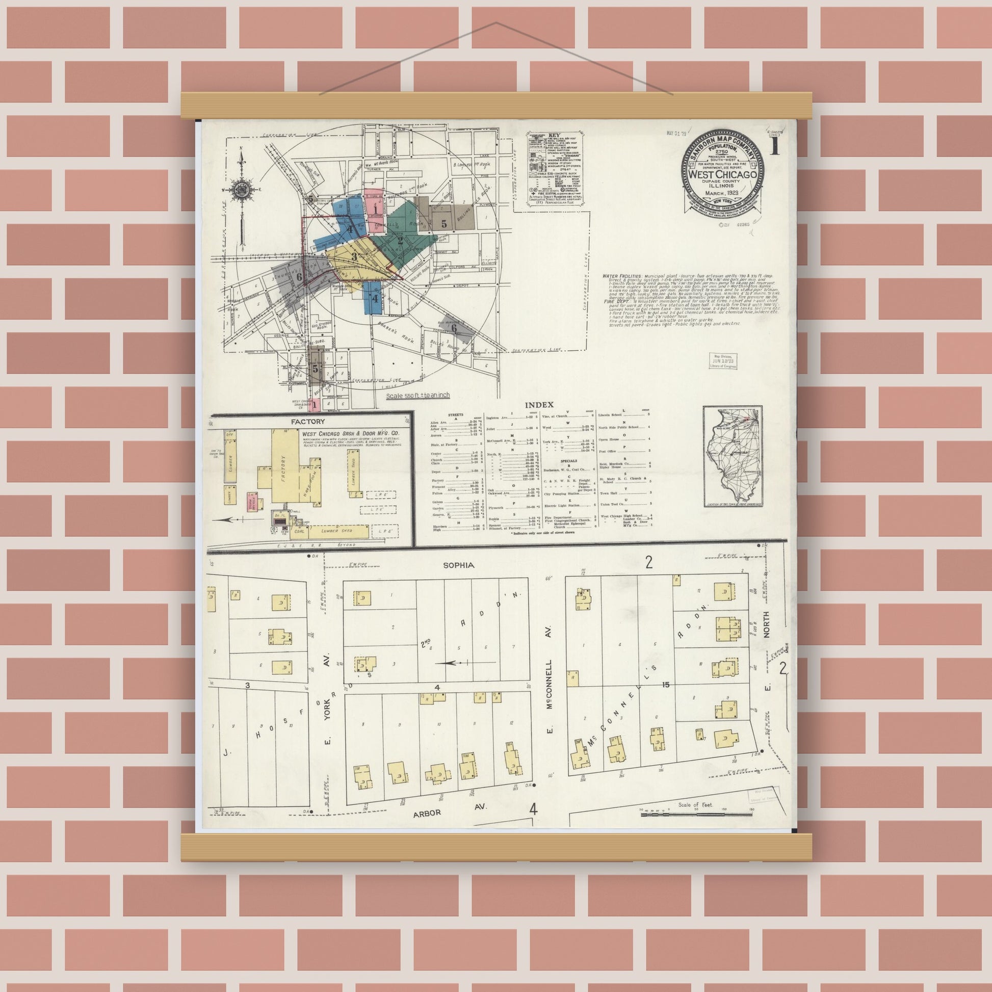 Old map wall art mockup — magnetic wood frame on brick wall — Sanborn Fire Insurance Map from West Chicago, Du Page County, Illinois (1923) - Complete Map Set