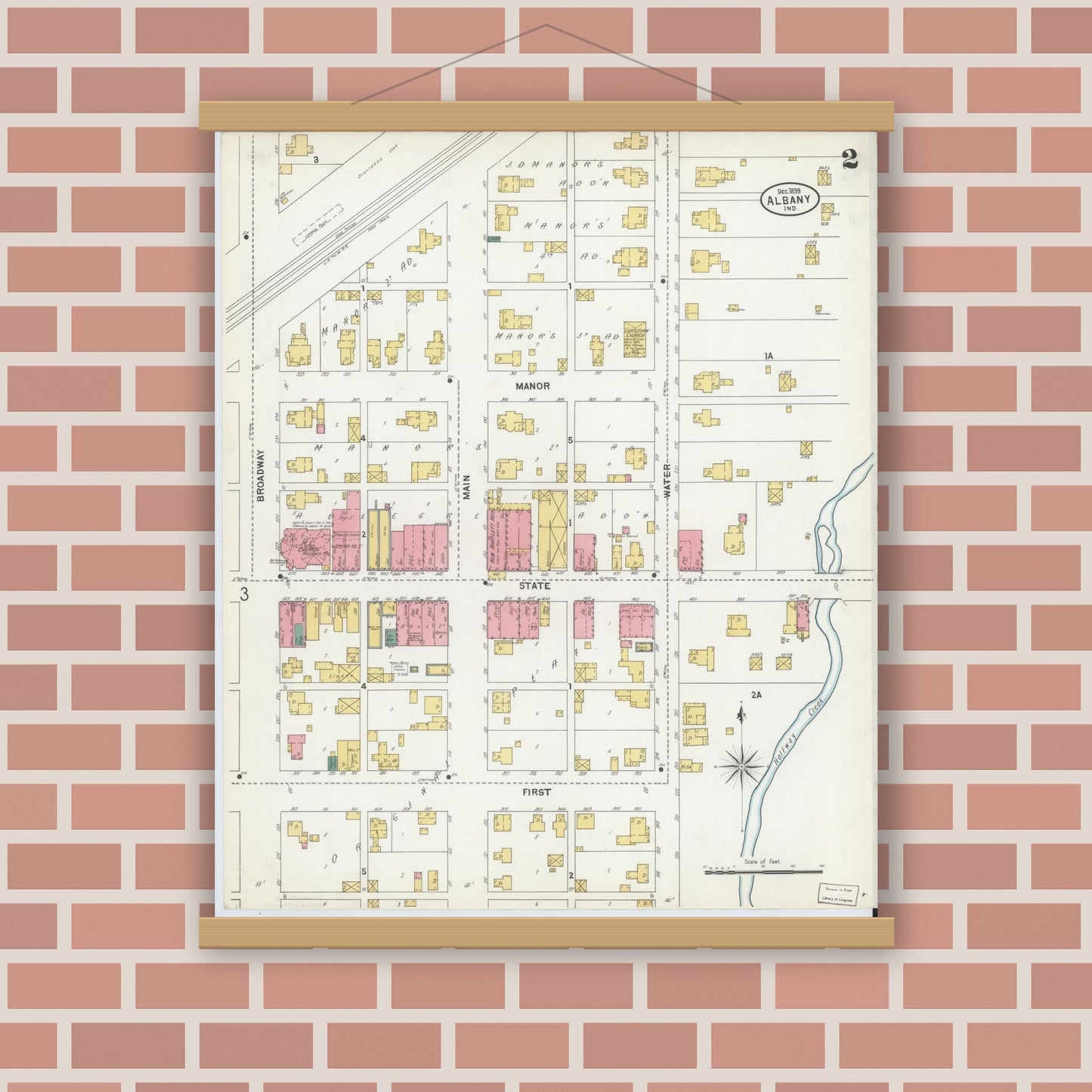 Old map wall art mockup — magnetic wood frame on brick wall — Sanborn Fire Insurance Map from Albany, Delaware County, Indiana (1899), Sheet #0002