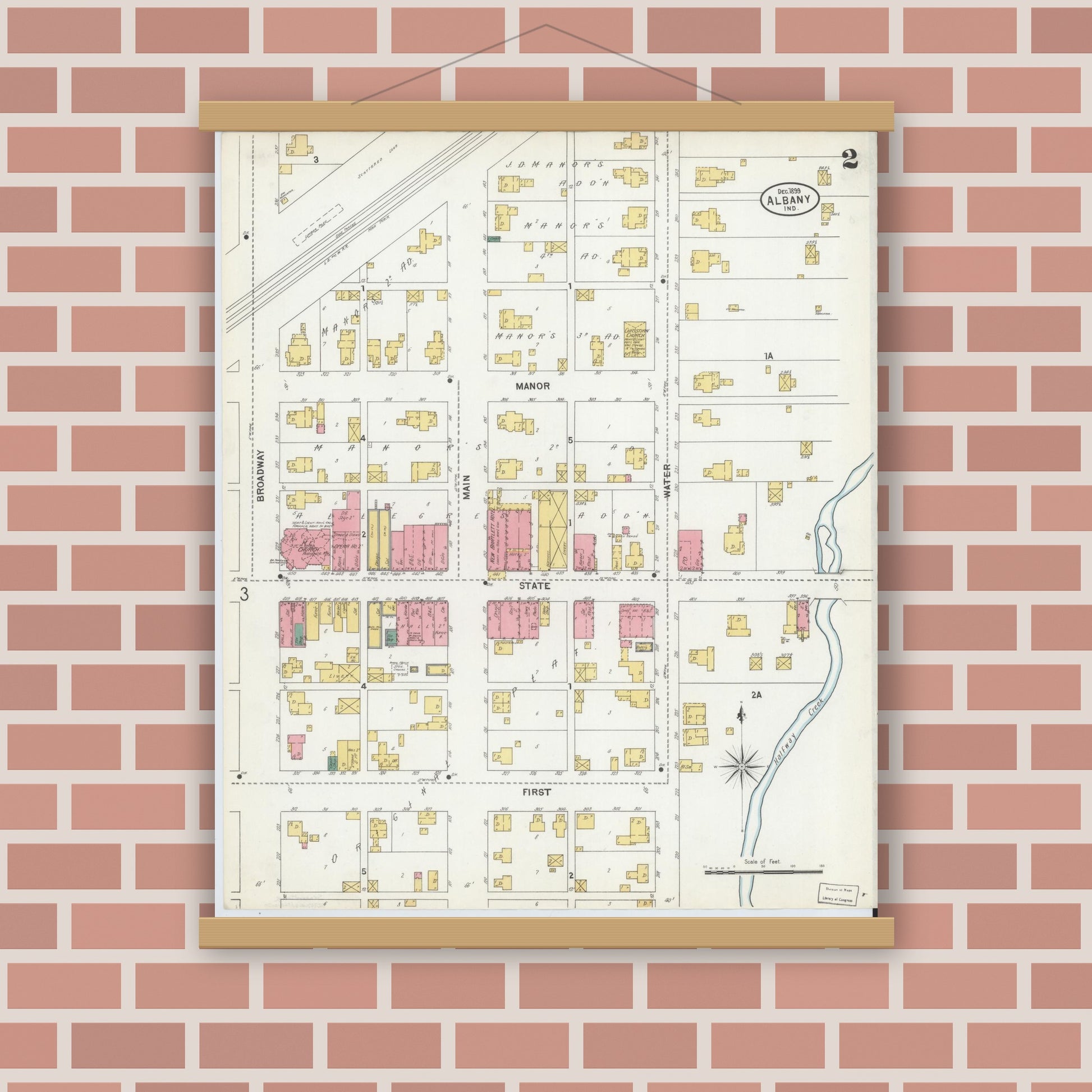 Old map wall art mockup — magnetic wood frame on brick wall — Sanborn Fire Insurance Map from Albany, Delaware County, Indiana (1899), Sheet #0002