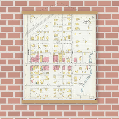 Old map wall art mockup — magnetic wood frame on brick wall — Sanborn Fire Insurance Map from Albany, Delaware County, Indiana (1899), Sheet #0002