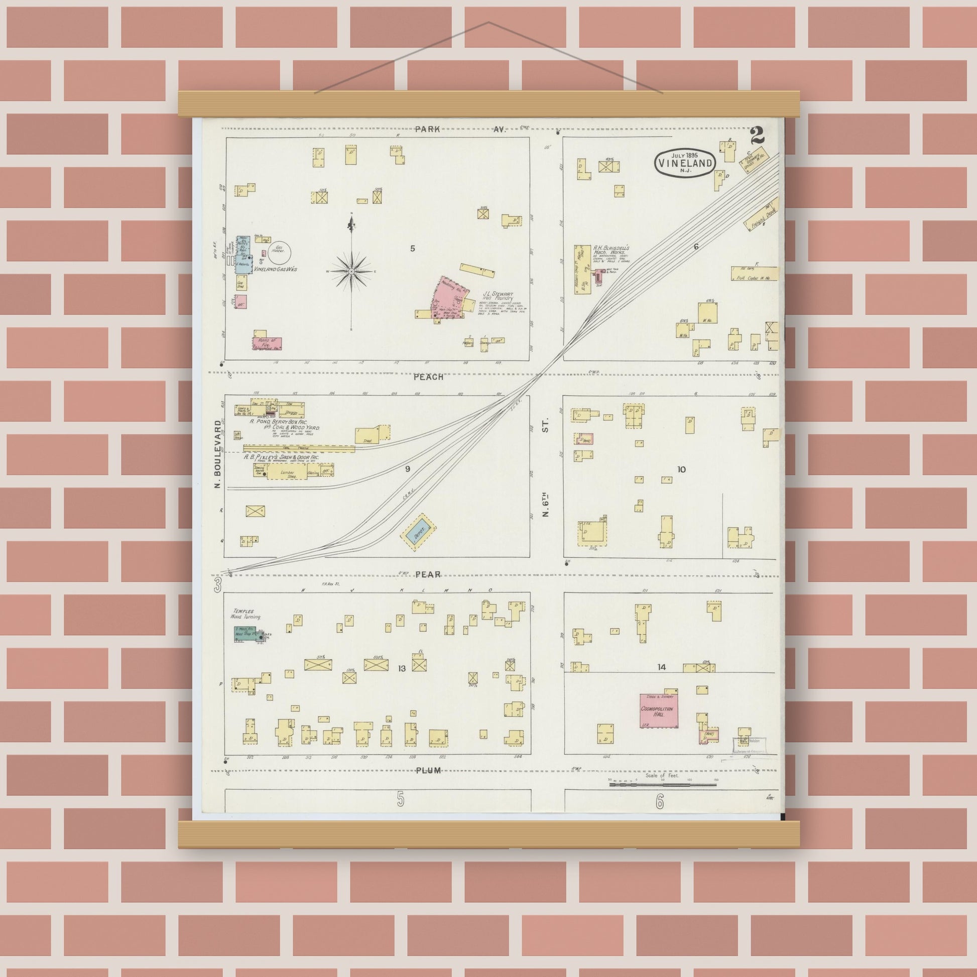 Old map wall art mockup — magnetic wood frame on brick wall — Sanborn Fire Insurance Map from Vineland, Cumberland County, New Jersey (1895), Sheet #0002