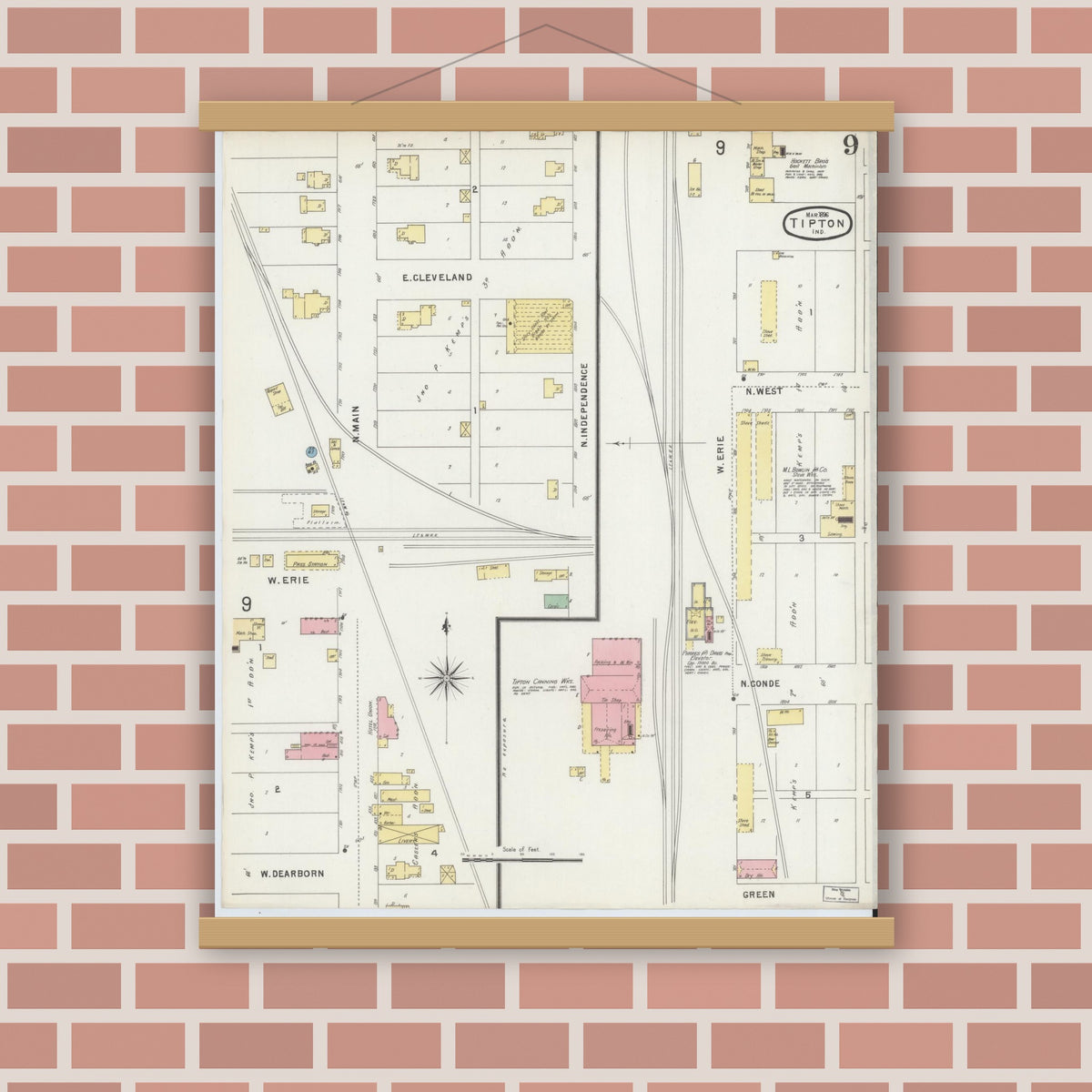 Old map wall art mockup — magnetic wood frame on brick wall — Sanborn Fire Insurance Map from Tipton, Tipton County, Indiana (1896), Sheet #0009