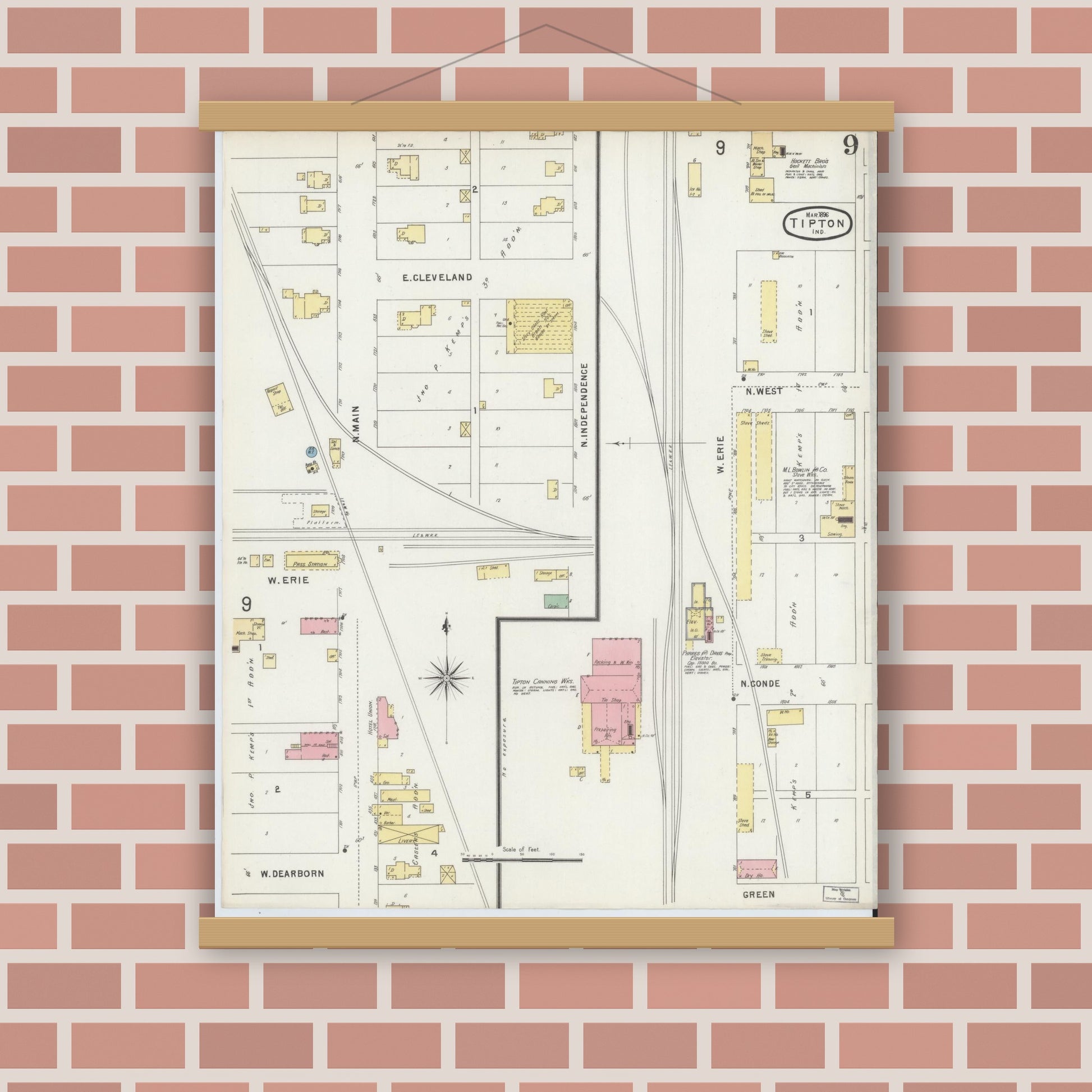 Old map wall art mockup — magnetic wood frame on brick wall — Sanborn Fire Insurance Map from Tipton, Tipton County, Indiana (1896), Sheet #0009