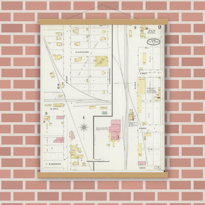 Old map wall art mockup — magnetic wood frame on brick wall — Sanborn Fire Insurance Map from Tipton, Tipton County, Indiana (1896), Sheet #0009