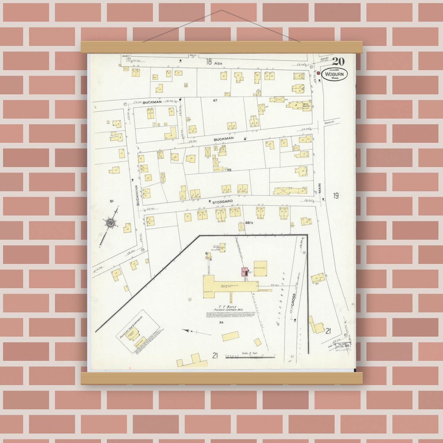 Old map wall art mockup — magnetic wood frame on brick wall — Sanborn Fire Insurance Map from Woburn, Middlesex County, Massachusetts (1910), Sheet #0020