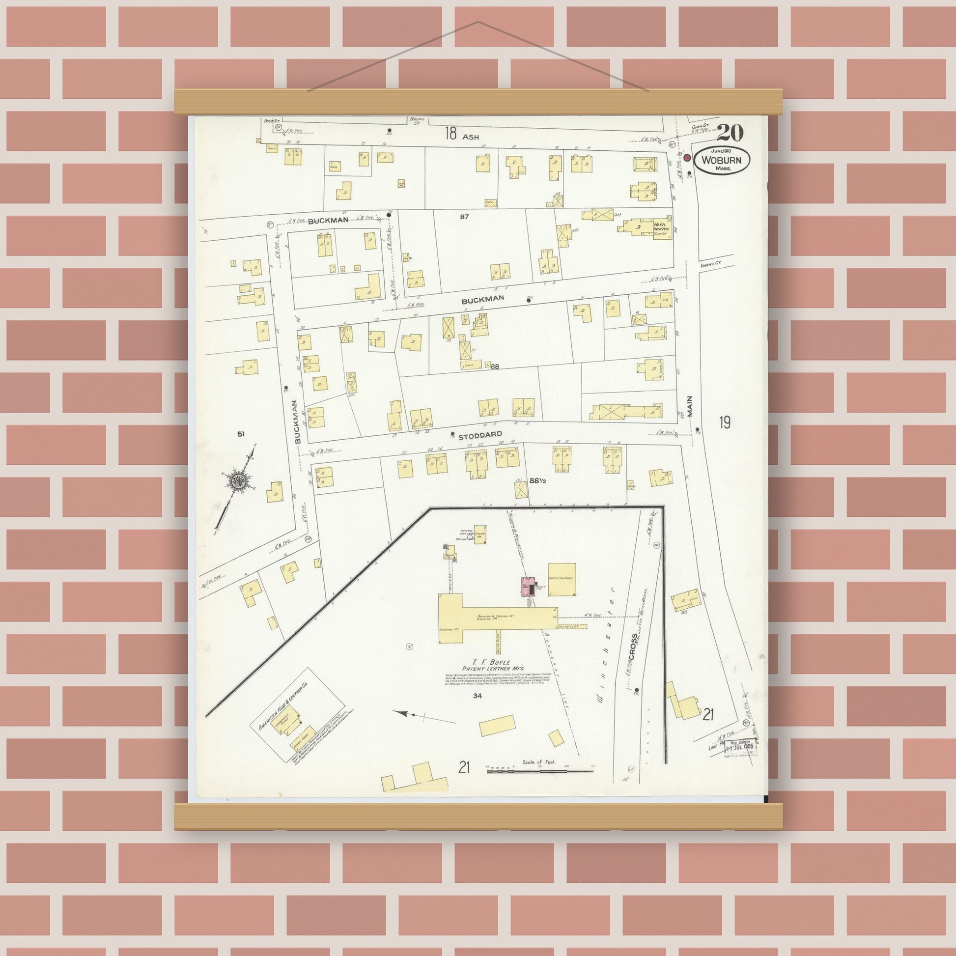 Old map wall art mockup — magnetic wood frame on brick wall — Sanborn Fire Insurance Map from Woburn, Middlesex County, Massachusetts (1910), Sheet #0020