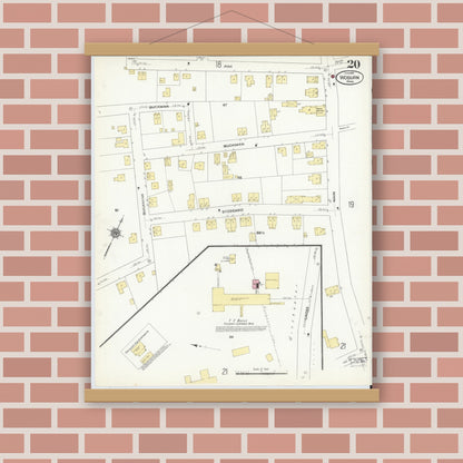 Old map wall art mockup — magnetic wood frame on brick wall — Sanborn Fire Insurance Map from Woburn, Middlesex County, Massachusetts (1910), Sheet #0020