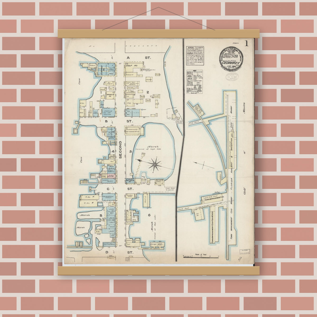 Old map wall art mockup — magnetic wood frame on brick wall — Sanborn Fire Insurance Map from Cedar Key, Levy County, Florida (1884), Sheet #0001