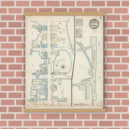 Old map wall art mockup — magnetic wood frame on brick wall — Sanborn Fire Insurance Map from Cedar Key, Levy County, Florida (1884), Sheet #0001