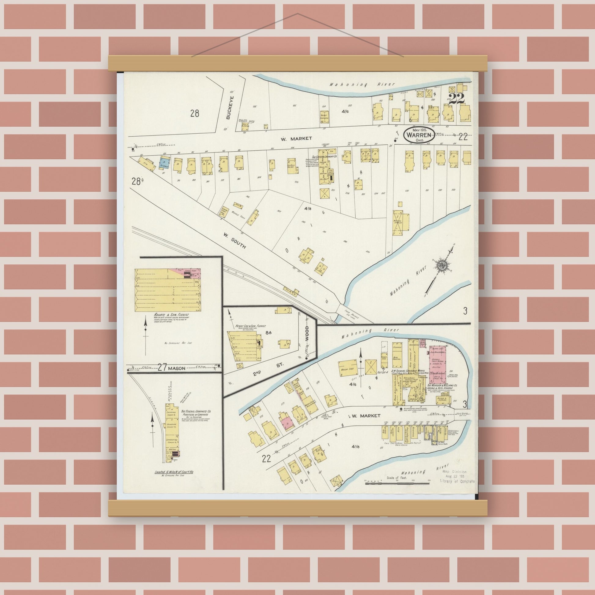 Old map wall art mockup — magnetic wood frame on brick wall — Sanborn Fire Insurance Map from Warren, Trumbull County, Ohio (1915), Sheet #0022