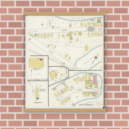 Old map wall art mockup — magnetic wood frame on brick wall — Sanborn Fire Insurance Map from Warren, Trumbull County, Ohio (1915), Sheet #0022