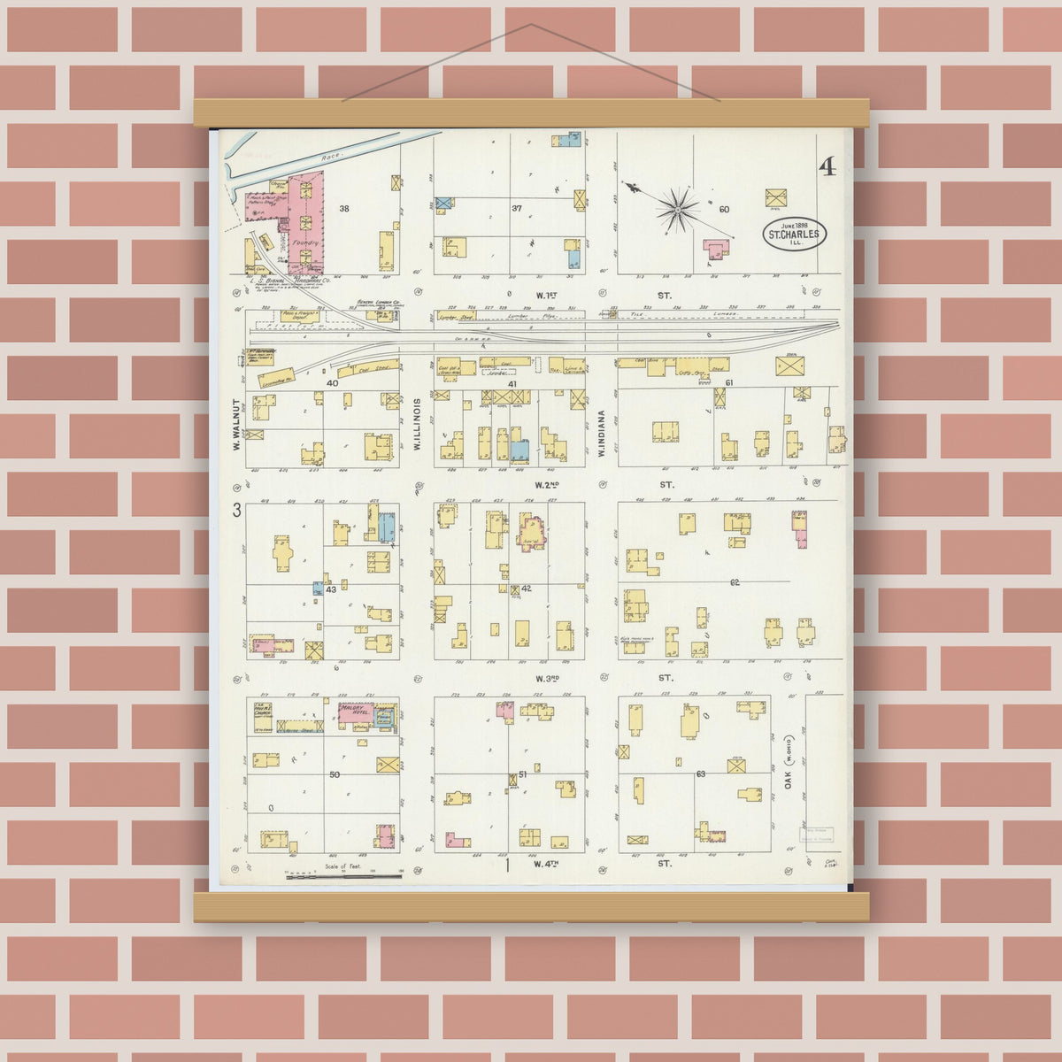 Old map wall art mockup — magnetic wood frame on brick wall — Sanborn Fire Insurance Map from Saint Charles, Kane County, Illinois (1898), Sheet #0004