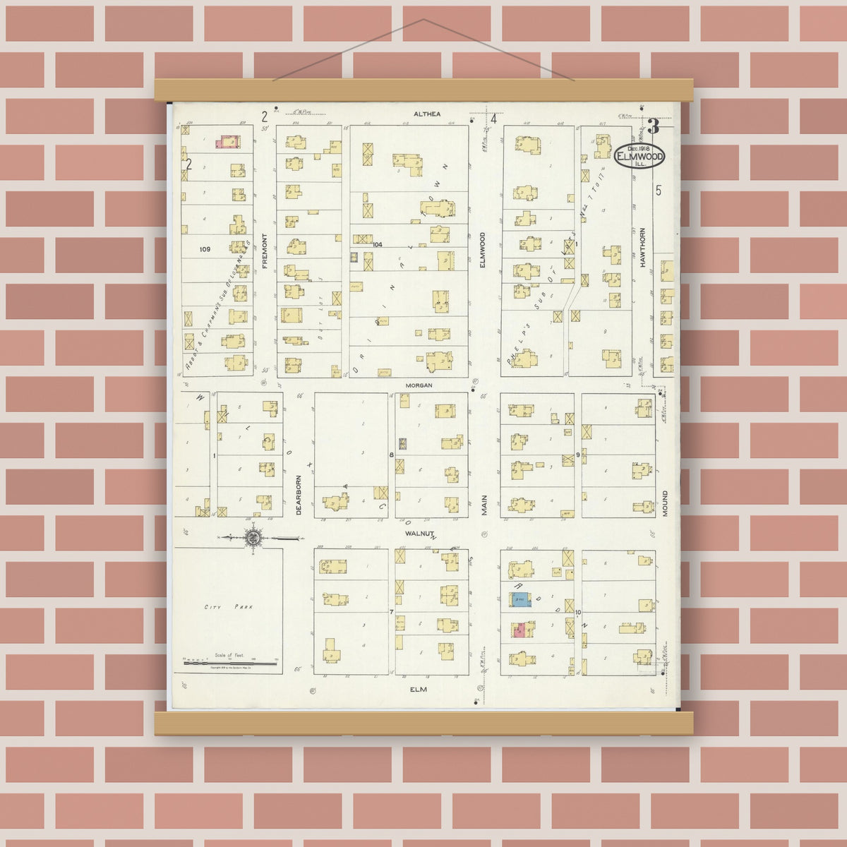 Old map wall art mockup — magnetic wood frame on brick wall — Sanborn Fire Insurance Map from Elmwood, Peoria County, Illinois (1918), Sheet #0003