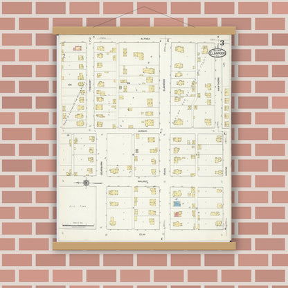 Old map wall art mockup — magnetic wood frame on brick wall — Sanborn Fire Insurance Map from Elmwood, Peoria County, Illinois (1918), Sheet #0003