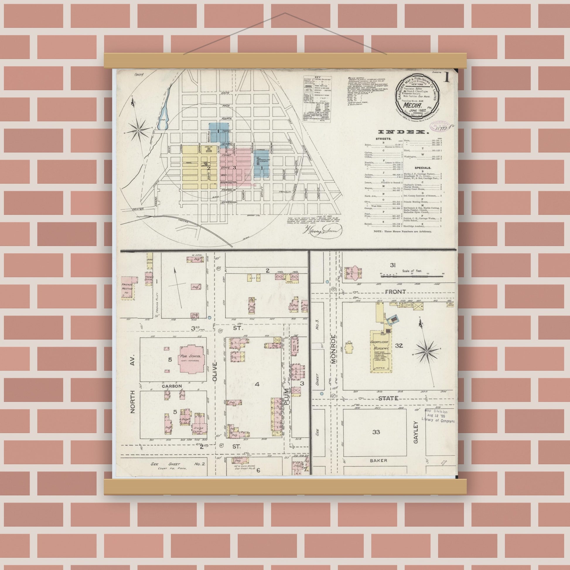 Old map wall art mockup — magnetic wood frame on brick wall — Sanborn Fire Insurance Map from Media, Delaware County, Pennsylvania (1887), Sheet #0001