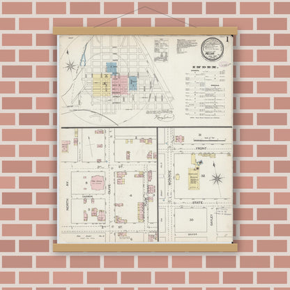 Old map wall art mockup — magnetic wood frame on brick wall — Sanborn Fire Insurance Map from Media, Delaware County, Pennsylvania (1887), Sheet #0001