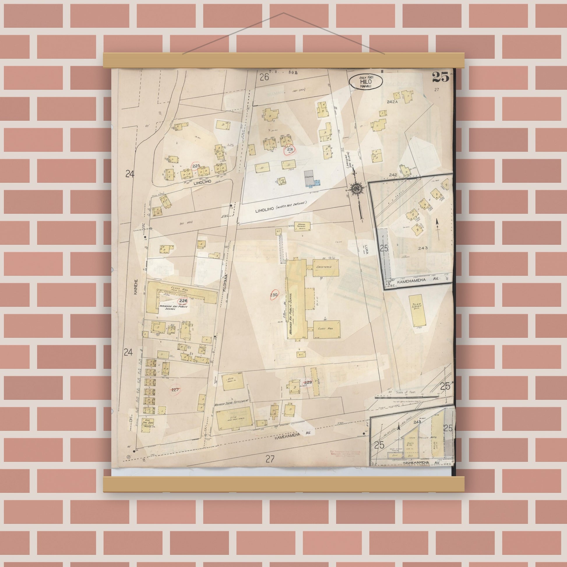 Old map wall art mockup — magnetic wood frame on brick wall — Sanborn Fire Insurance Map from Hilo, Hawaii County, Hawaii (1957), Sheet #0025