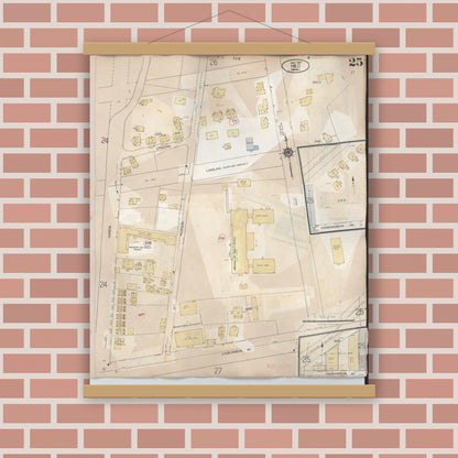 Old map wall art mockup — magnetic wood frame on brick wall — Sanborn Fire Insurance Map from Hilo, Hawaii County, Hawaii (1957), Sheet #0025