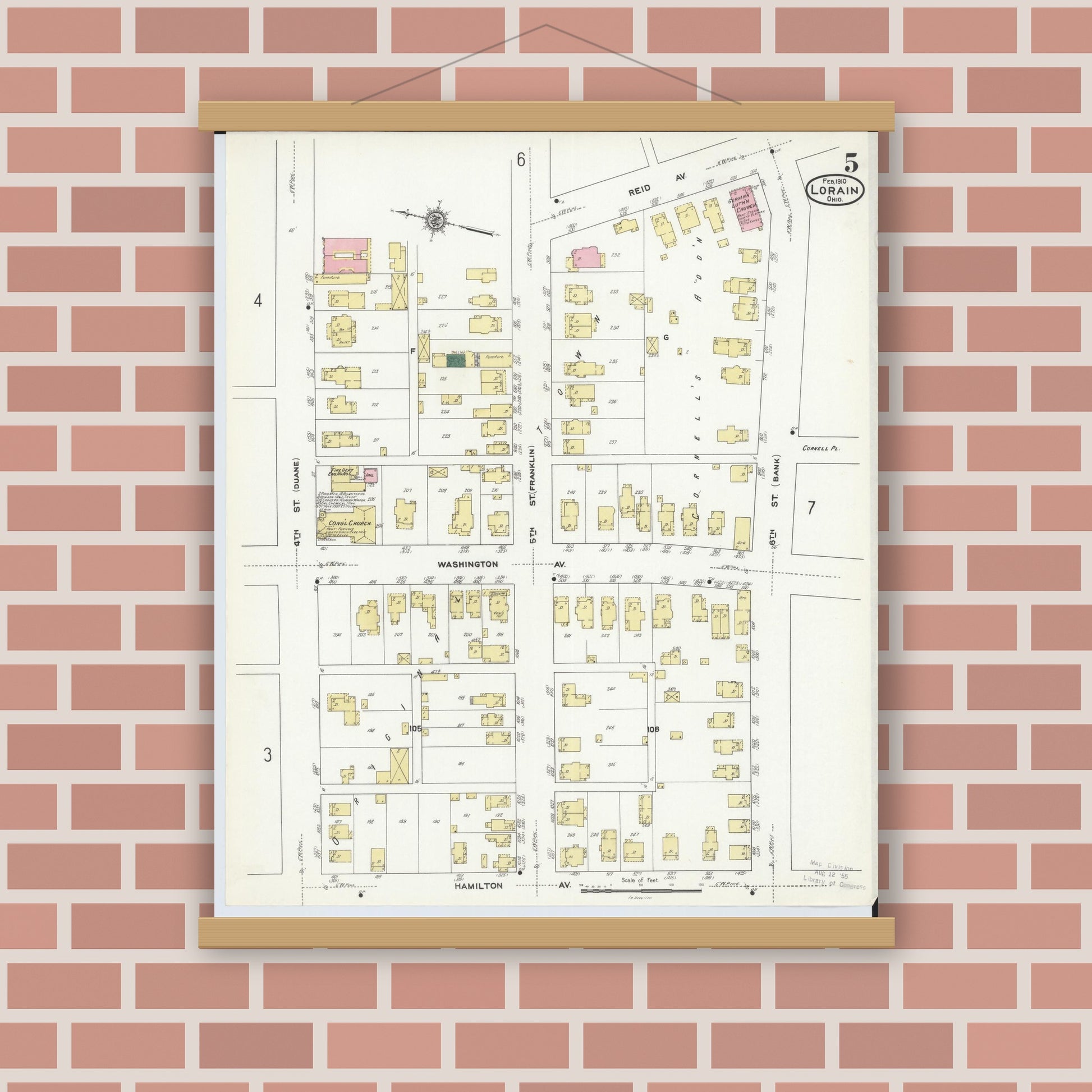 Old map wall art mockup — magnetic wood frame on brick wall — Sanborn Fire Insurance Map from Lorain, Lorain County, Ohio (1910), Sheet #0005
