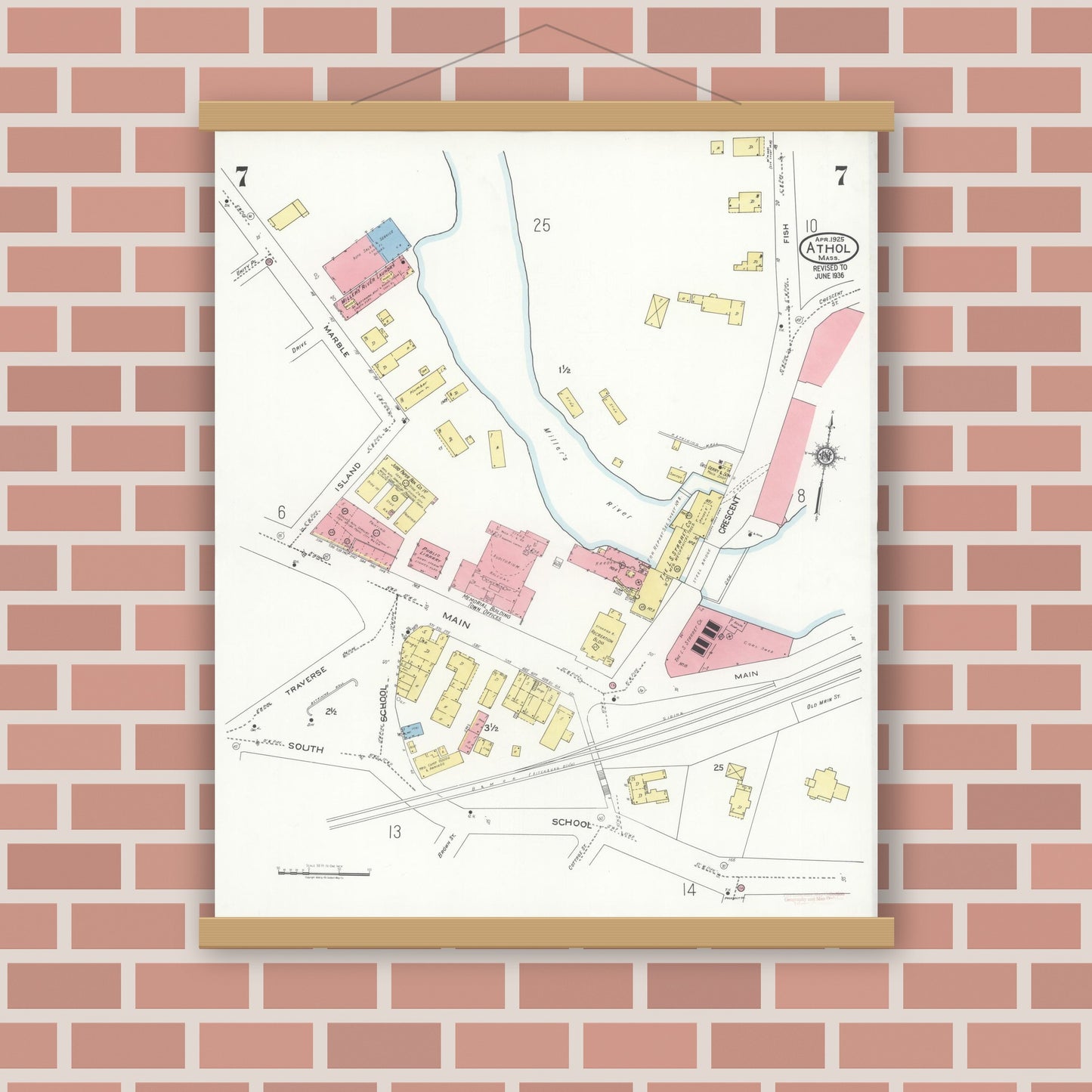 Old map wall art mockup — magnetic wood frame on brick wall — Sanborn Fire Insurance Map from Athol, Worcester County, Massachusetts (1936), Sheet #0007