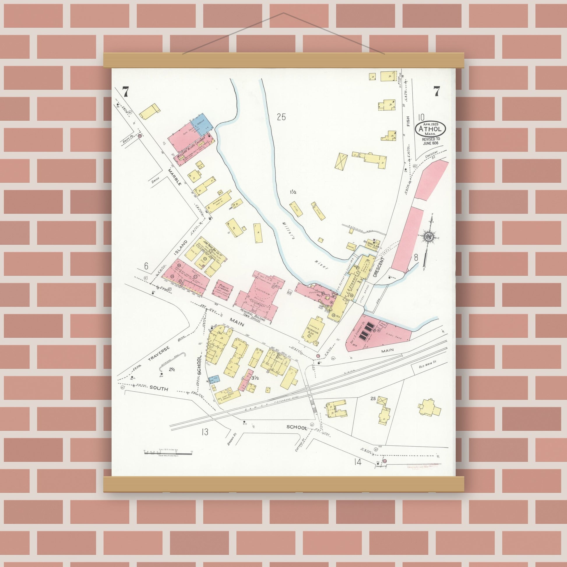 Old map wall art mockup — magnetic wood frame on brick wall — Sanborn Fire Insurance Map from Athol, Worcester County, Massachusetts (1936), Sheet #0007