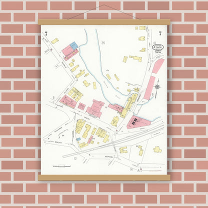Old map wall art mockup — magnetic wood frame on brick wall — Sanborn Fire Insurance Map from Athol, Worcester County, Massachusetts (1936), Sheet #0007
