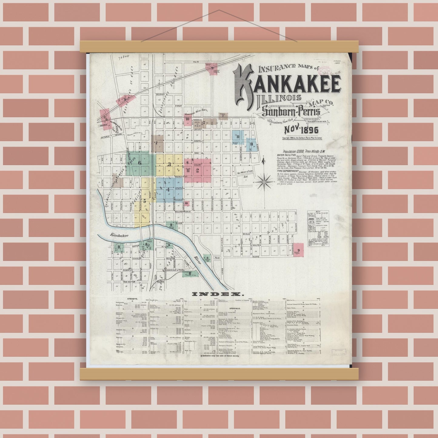 Old map wall art mockup — magnetic wood frame on brick wall — Sanborn Fire Insurance Map from Kankakee, Kankakee County, Illinois (1896) - Complete Map Set