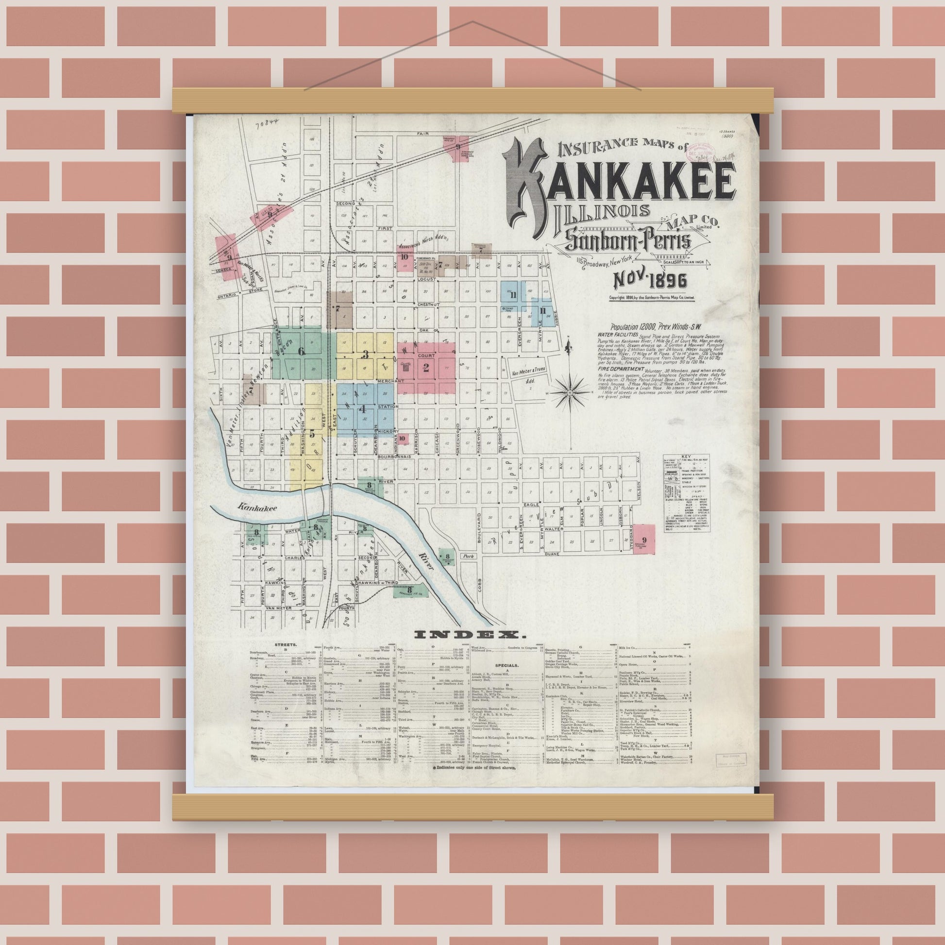 Old map wall art mockup — magnetic wood frame on brick wall — Sanborn Fire Insurance Map from Kankakee, Kankakee County, Illinois (1896) - Complete Map Set