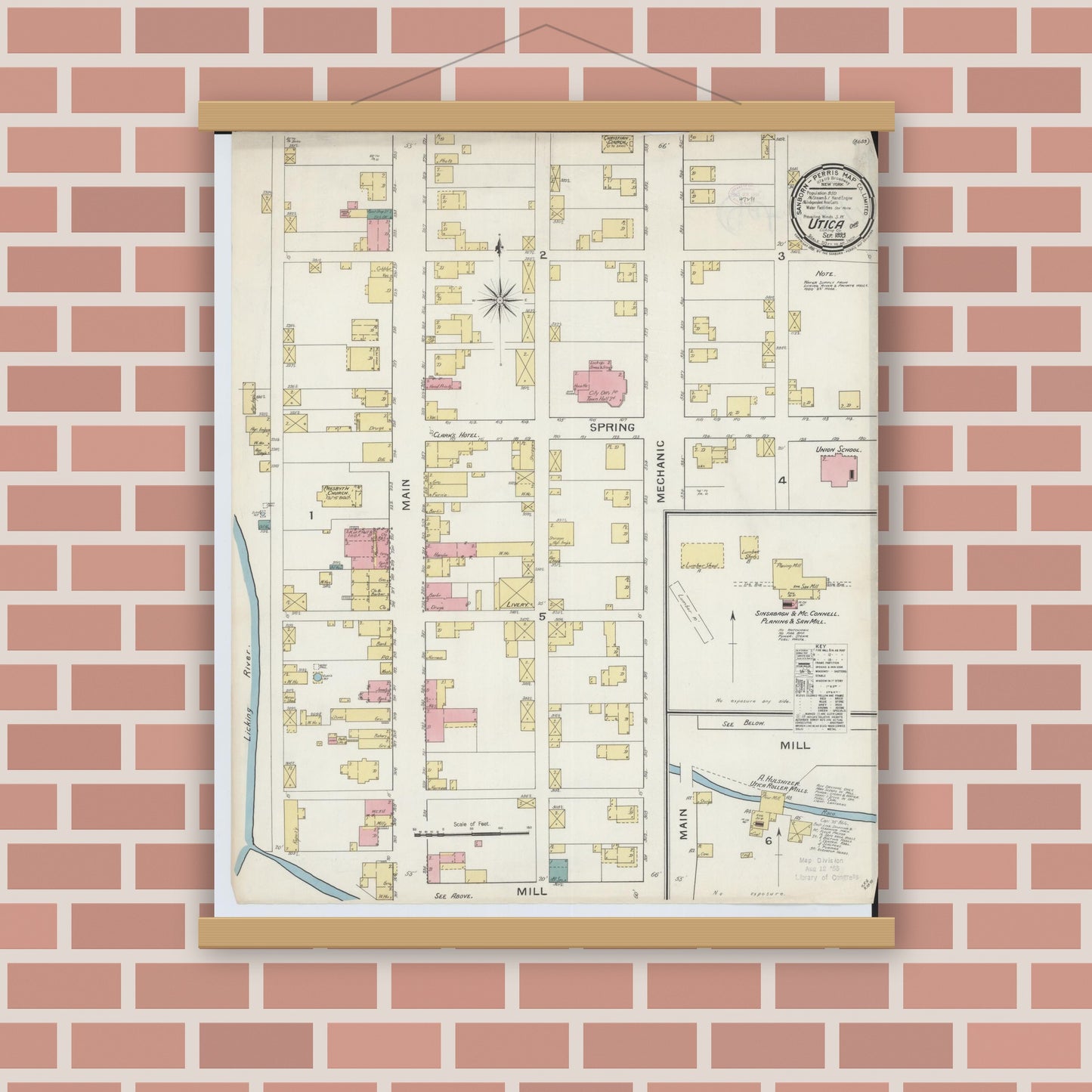 Old map wall art mockup — magnetic wood frame on brick wall — Sanborn Fire Insurance Map from Utica, Licking County, Ohio (1893), Sheet #0001