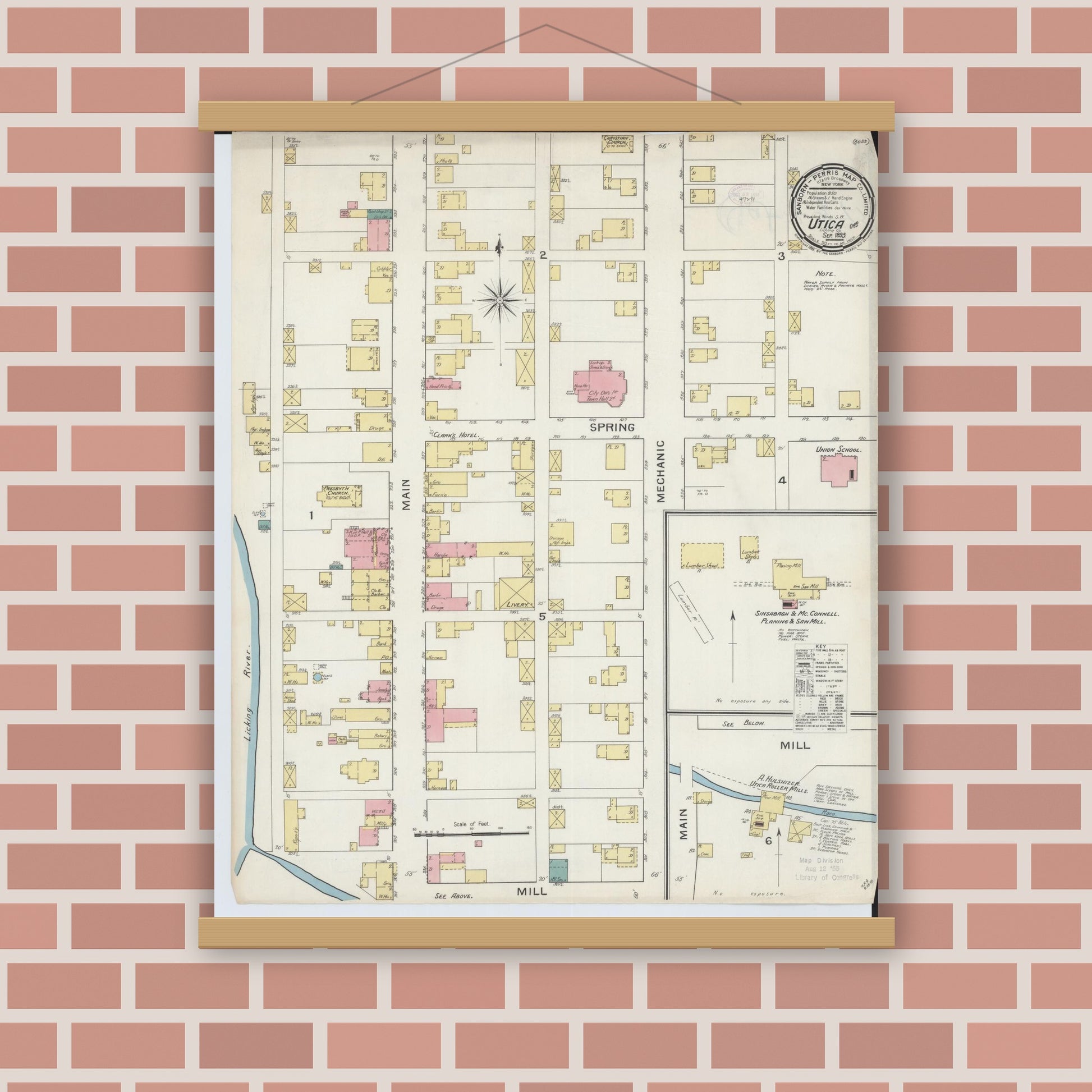Old map wall art mockup — magnetic wood frame on brick wall — Sanborn Fire Insurance Map from Utica, Licking County, Ohio (1893), Sheet #0001