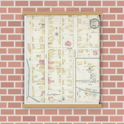 Old map wall art mockup — magnetic wood frame on brick wall — Sanborn Fire Insurance Map from Utica, Licking County, Ohio (1893), Sheet #0001