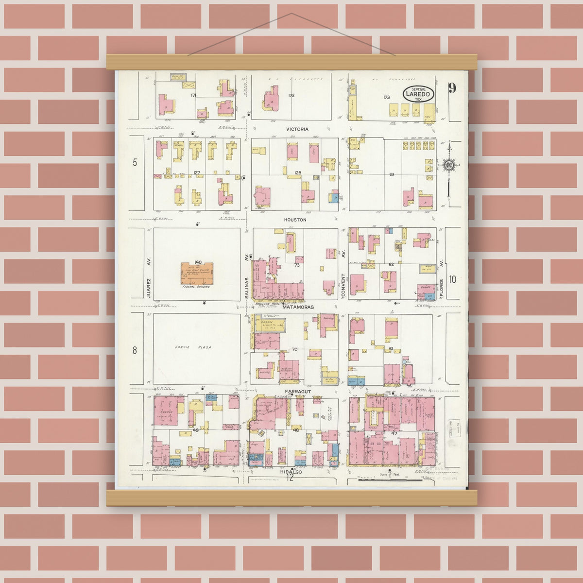 Old map wall art mockup — magnetic wood frame on brick wall — Sanborn Fire Insurance Map from Laredo, Webb County, Texas (1916), Sheet #0009