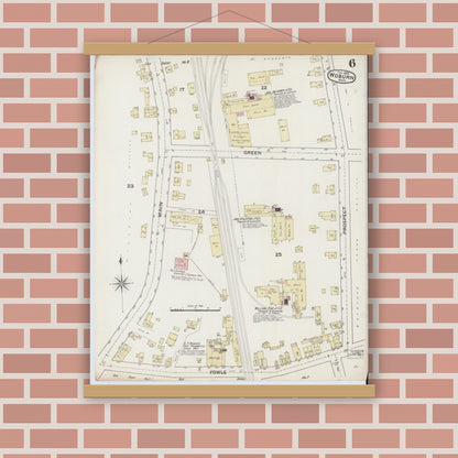 Old map wall art mockup — magnetic wood frame on brick wall — Sanborn Fire Insurance Map from Woburn, Middlesex County, Massachusetts (1888), Sheet #0006