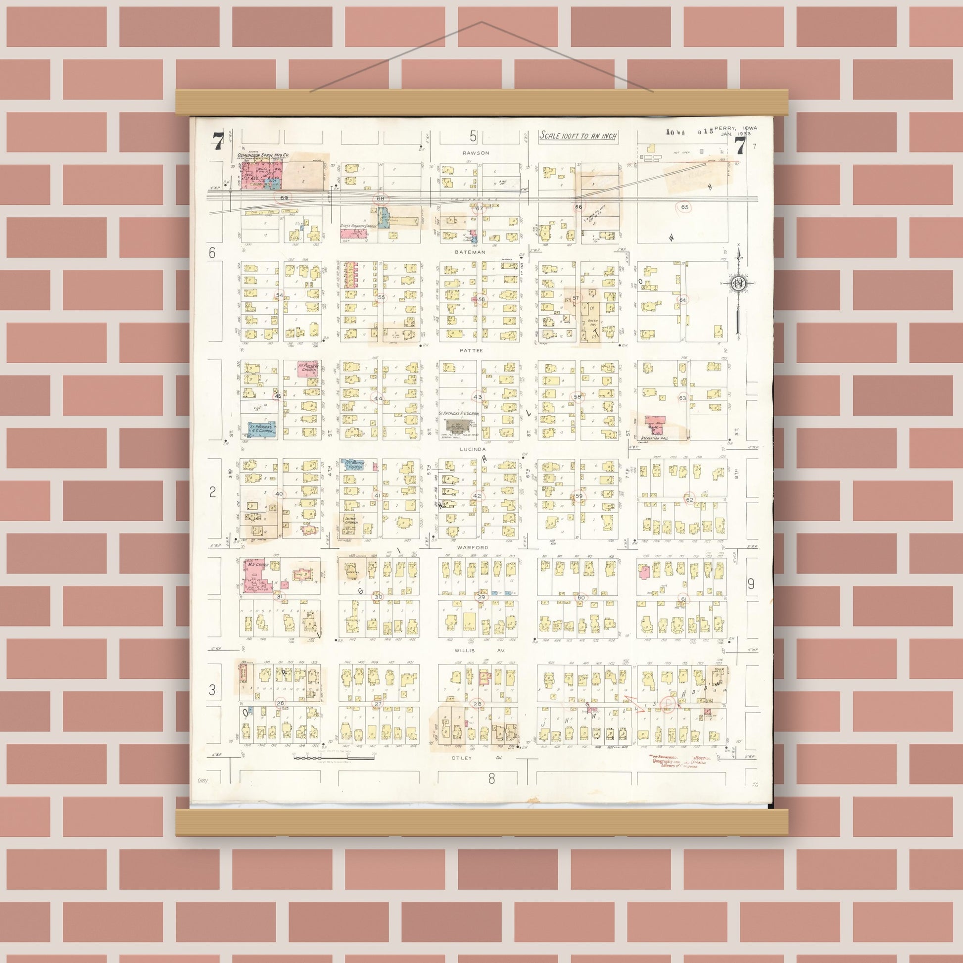 Old map wall art mockup — magnetic wood frame on brick wall — Sanborn Fire Insurance Map from Perry, Dallas County, Iowa (1947), Sheet #0007