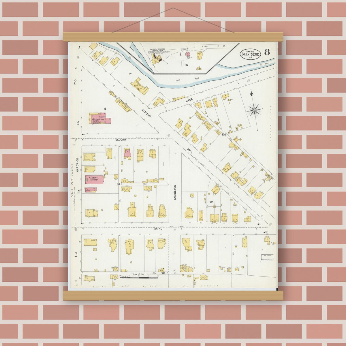 Old map wall art mockup — magnetic wood frame on brick wall — Sanborn Fire Insurance Map from Belvidere, Warren County, New Jersey (1903), Sheet #0008