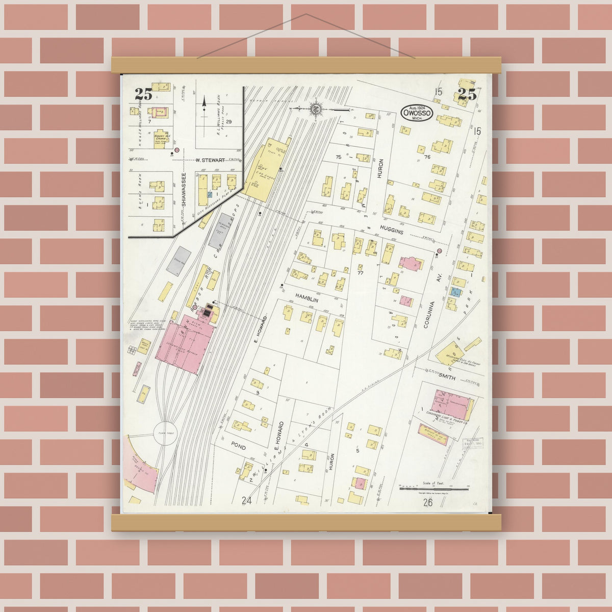 Old map wall art mockup — magnetic wood frame on brick wall — Sanborn Fire Insurance Map from Owosso, Shiawassee County, Michigan (1924), Sheet #0025