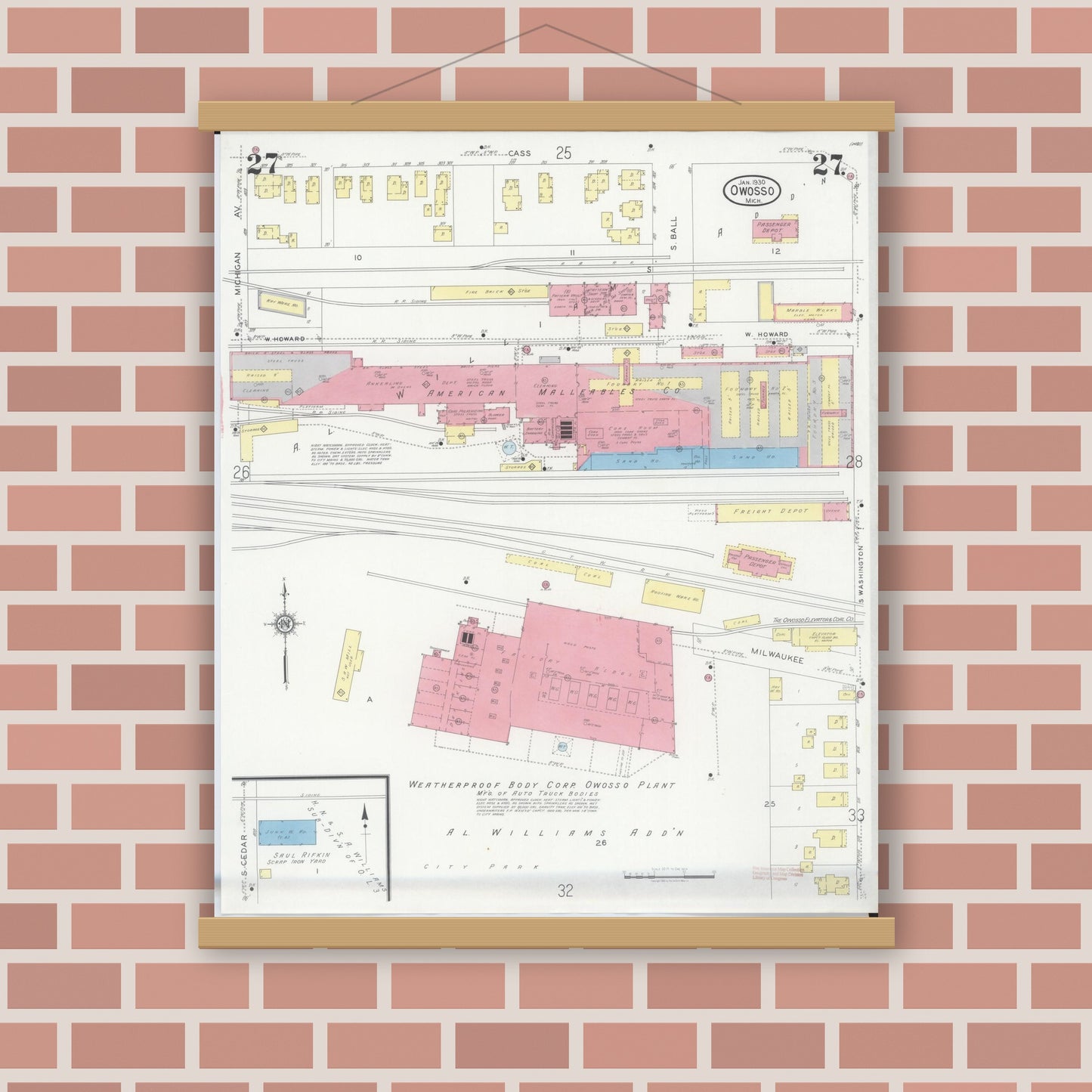 Old map wall art mockup — magnetic wood frame on brick wall — Sanborn Fire Insurance Map from Owosso, Shiawassee County, Michigan (1930), Sheet #0027