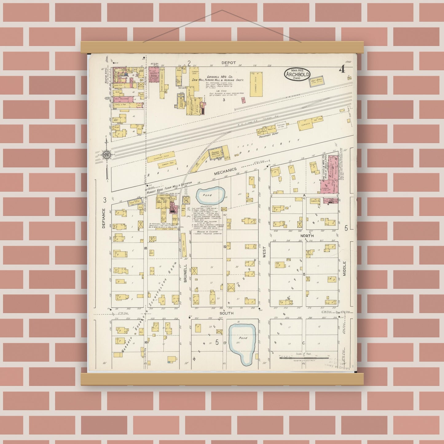 Old map wall art mockup — magnetic wood frame on brick wall — Sanborn Fire Insurance Map from Archbold, Fulton County, Ohio (1922), Sheet #0004
