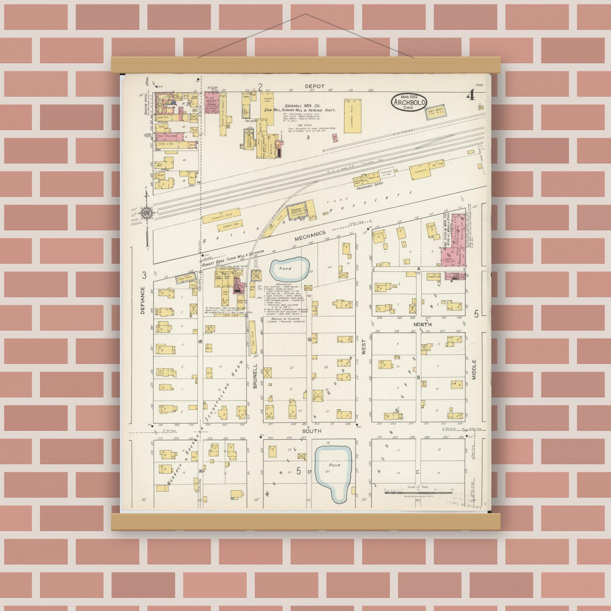 Old map wall art mockup — magnetic wood frame on brick wall — Sanborn Fire Insurance Map from Archbold, Fulton County, Ohio (1922), Sheet #0004