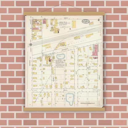 Old map wall art mockup — magnetic wood frame on brick wall — Sanborn Fire Insurance Map from Archbold, Fulton County, Ohio (1922), Sheet #0004
