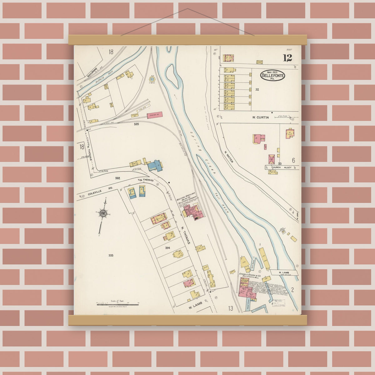 Old map wall art mockup — magnetic wood frame on brick wall — Sanborn Fire Insurance Map from Bellefonte, Centre County, Pennsylvania (1922), Sheet #0012