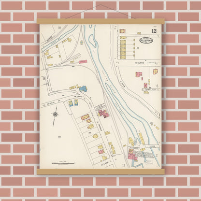 Old map wall art mockup — magnetic wood frame on brick wall — Sanborn Fire Insurance Map from Bellefonte, Centre County, Pennsylvania (1922), Sheet #0012